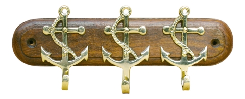 Schlüsselhaken mit 3 Ankern auf Holz | Maritime Wanddeko